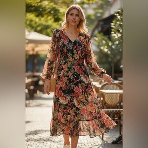 R&K Vibrant Floral Long Sleeve Dress